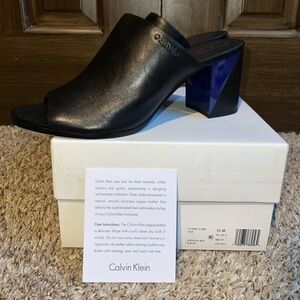 Calvin Klein Coral Cow Silk Black Block Heel Mule Sandals - Size 10 - Never Worn